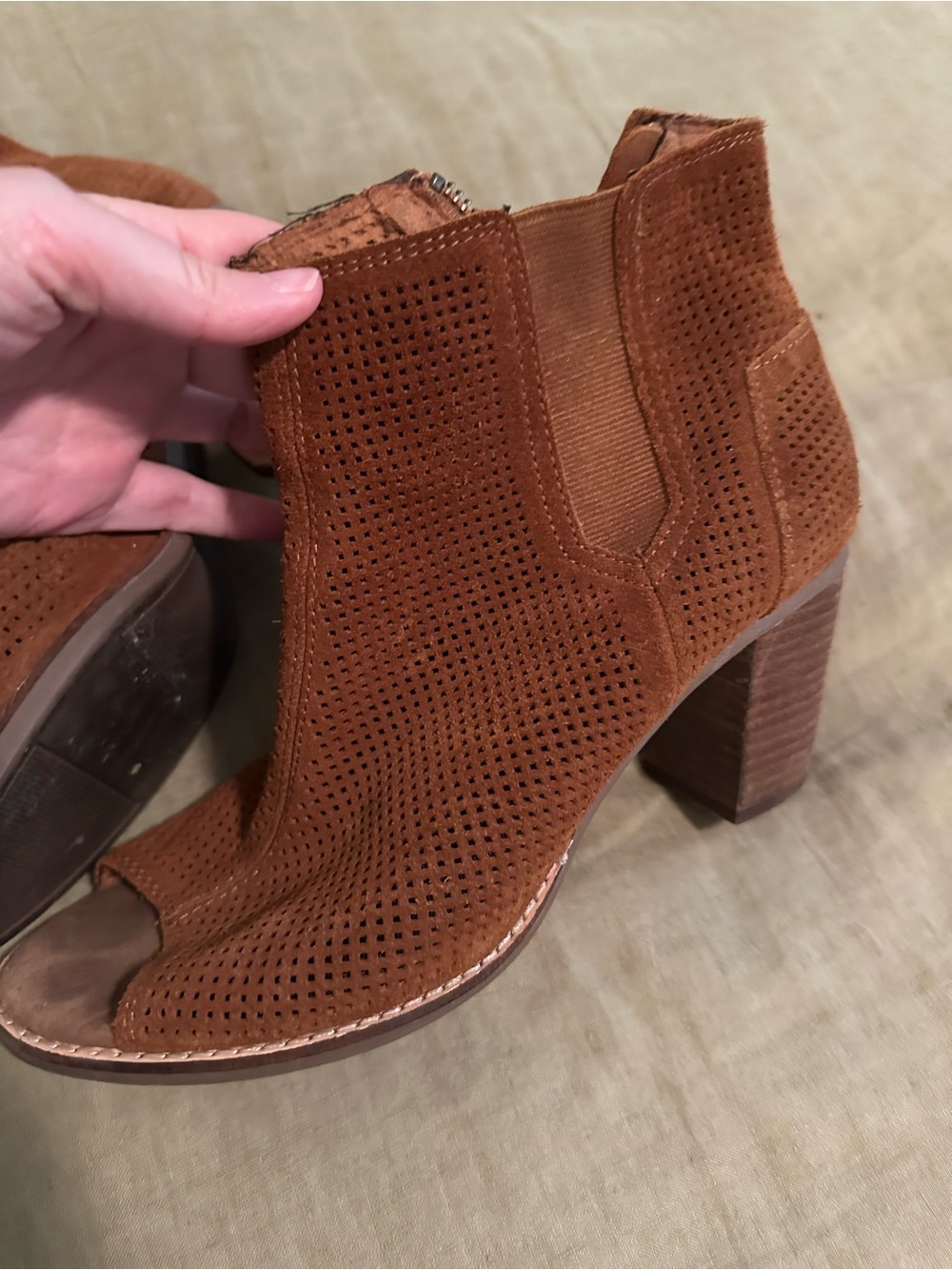 Toms Brown Perforated Suede Peep-Toe Ankle Bootie